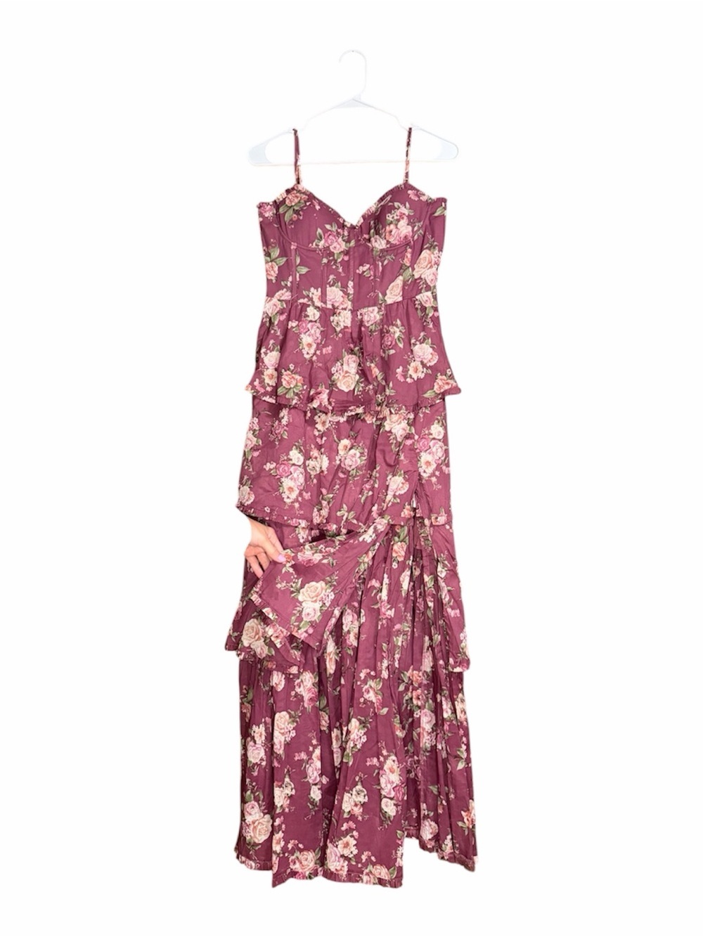 Altar'd State Floral Corset Back Busier Tiered Ruffle Maxi Dress Plum Size S - Picture 3 of 6